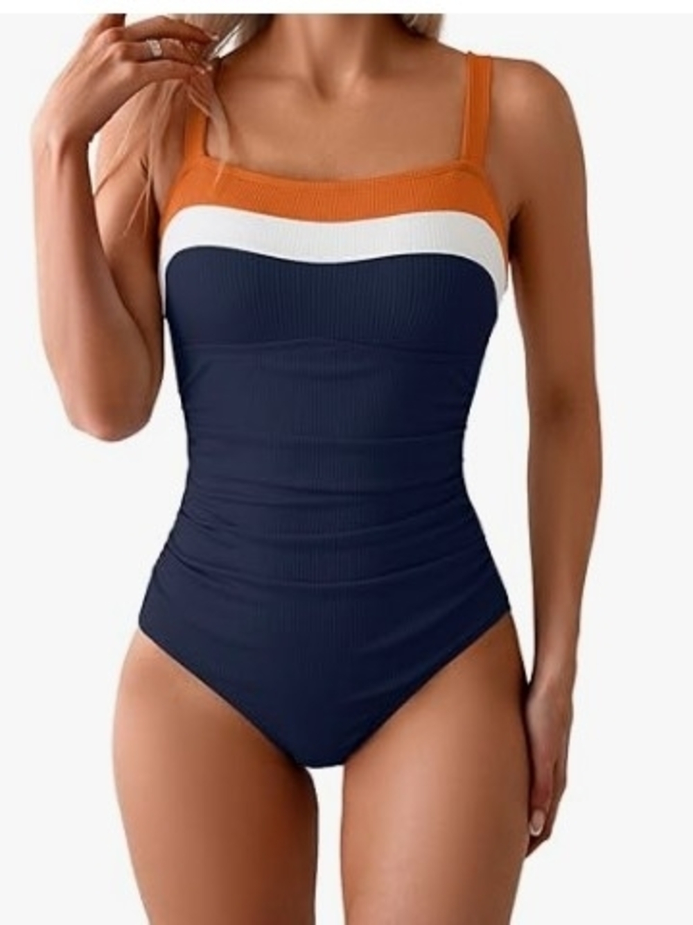 Square-Neck Colorblock One-Piece Swimsuit in Navy/White/Orange